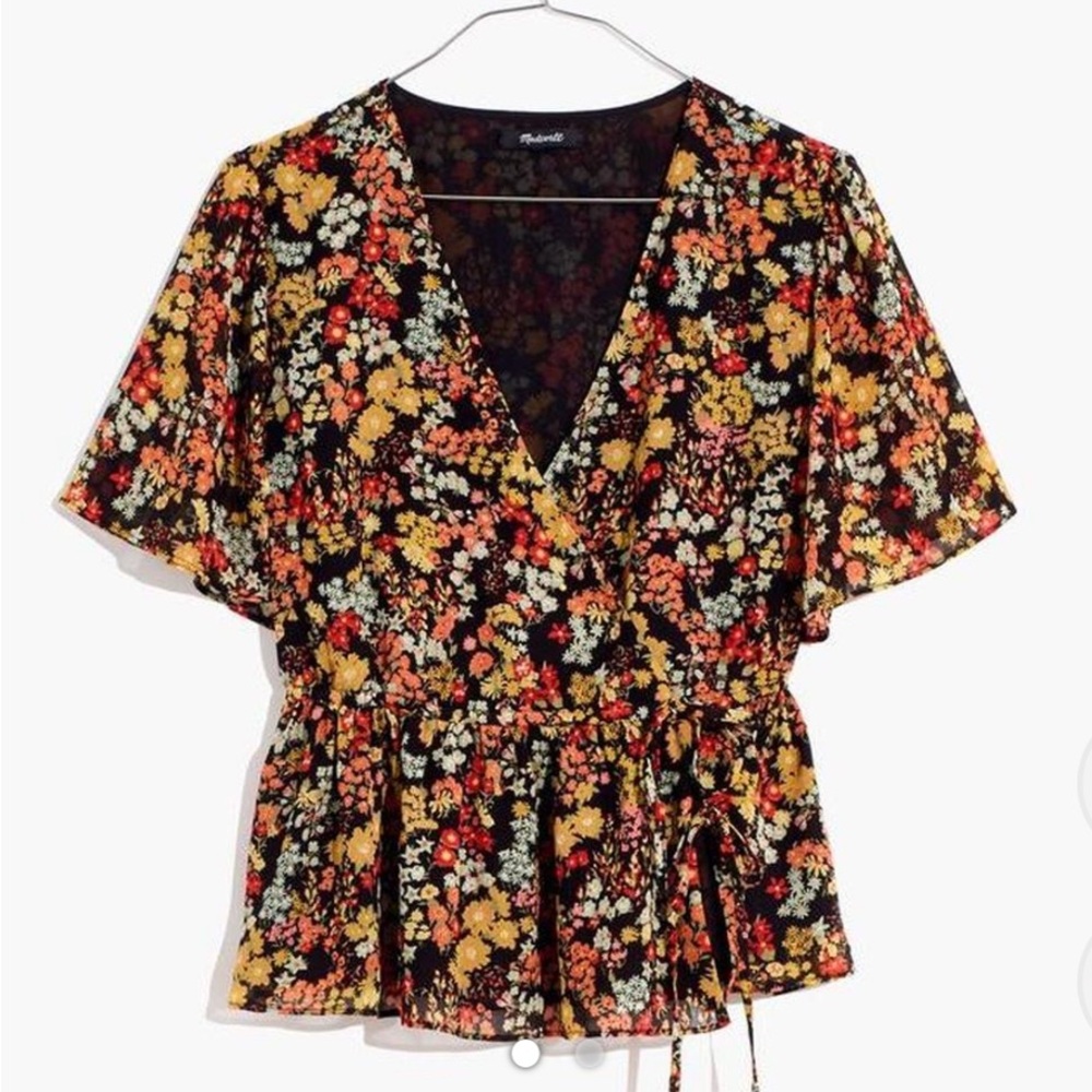 Madewell Black and Orange Flutter Sleeve Peplum  Wrap Blouse Sz XSS